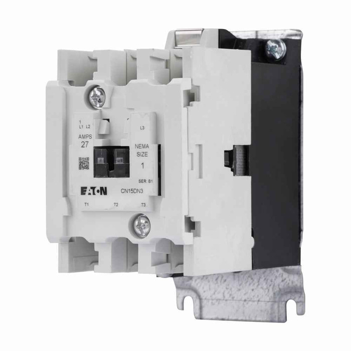 Eaton CN15DN3BB Freedom NEMA motor control contactor, NEMA Freedom Series Non-Reversing contactor, 2 hp at 115V, 3 hp at 230V, 7-1/2 hp at 208,240V, 10 hp at 480,600V maximum horsepower, 240V/60 Hz or 220V/50 Hz coil voltage, 27A, Three-pole, Size 1