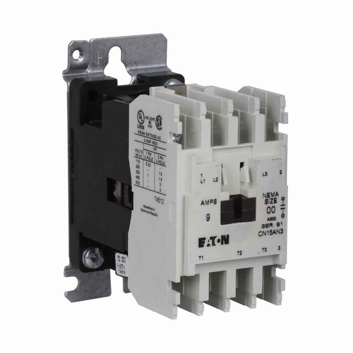 Eaton CN15AN3BB Freedom NEMA motor control contactor, NEMA Freedom Series Non-Reversing contactor, 1/3 hp at 115V,1 hp at 230V, 1-1/2 hp at 208,240V, 2 hp at 480,600V maximum horsepower, 240V/60 Hz or 220V/50 Hz coil voltage, 9A, Three-pole, Size 00
