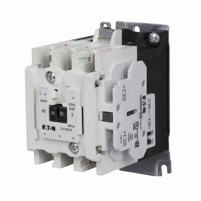 Eaton CN15GN3BB Freedom NEMA motor control contactor, NEMA Freedom Series Non-Reversing contactor, 7-1/2 hp at 230V, 10 hp at 208V, 15 hp at 240V, 25 hp at 480,600V maximum horsepower, 240V/60 Hz or 220V/50 Hz coil voltage, 45A