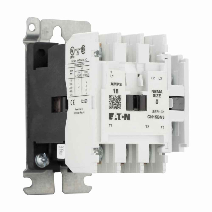 Eaton CN15BN3T1B Freedom NEMA motor control contactor, NEMA Freedom Series Non-Reversing contactor, 1 hp at 115V, 2 hp at 230,208V, 3 hp at 240V, 5 hp at 480,600V maximum horsepower, 18A, Three-pole, Size 0