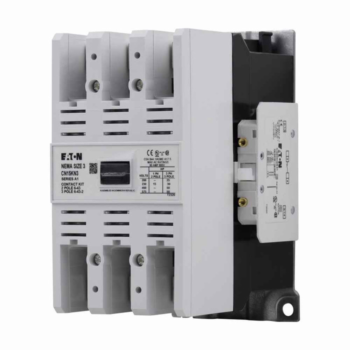Eaton CN15KN3A Freedom NEMA motor control contactor, NEMA Freedom Series Non-Reversing contactor, 25 hp at 208V, 30 hp at 240V, 50 hp at 480,600V maximum horsepower, 120V/60 Hz or 110V/50 Hz coil voltage, 90A, Three-pole, Size 3