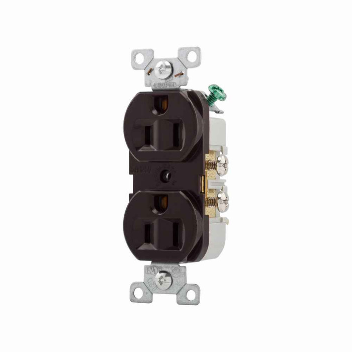 Eaton CR15B commercial specification grade duplex receptacle, #14-10 AWG, 15A, Commercial, Flush, 125V, Side wire, Brown, Brass, High-impact nylon, PVC, 5-15R, Duplex, Screw, PVC, Core pack
