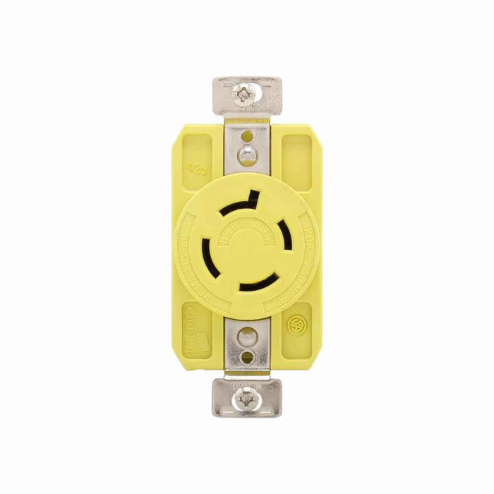 Eaton CRL1520R corrosion resistant locking receptacle, #14-10 AWG, 20A, Industrial, 250V, Back and side wiring, Yellow, Single, Corrosion resistant, L15-20, Three-pole, Four-wire, Thermoplastic