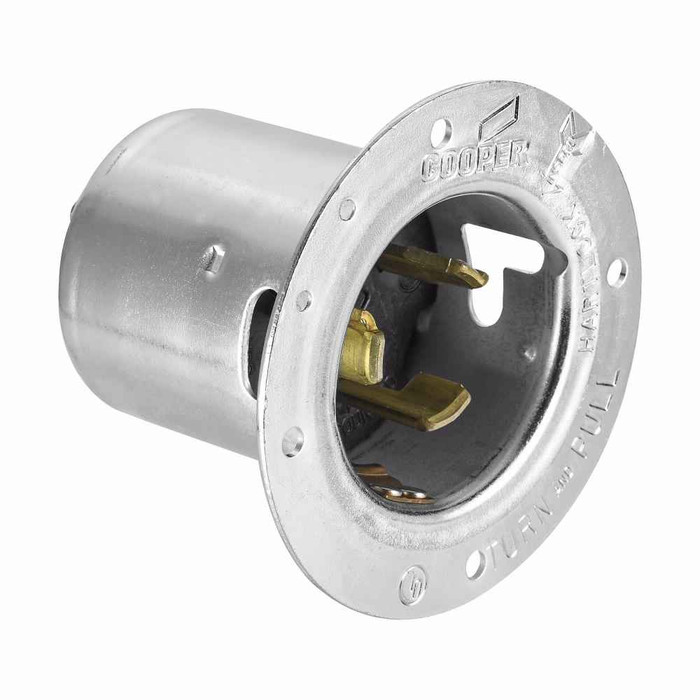 Eaton CS6375 Arrow Hart California standard locking flanged inlet, #10-6 AWG, 50A, Industrial, 125/250V, Steel, Non-NEMA, Three-pole, Four-wire, Nylon, California standard