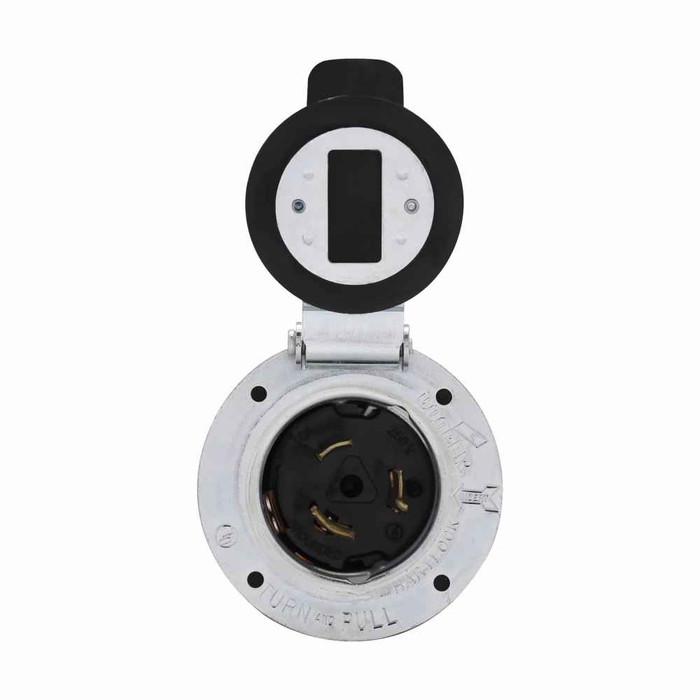 Eaton CS8277 locking flanged inlet with lid, #10-6 AWG, 50A, Industrial, 250V, Steel, Non-NEMA, Two-pole, Three-wire, Nylon, California standard