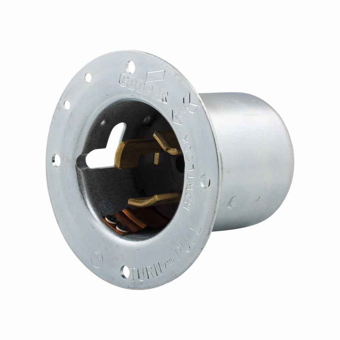 Eaton CS6377 Arrow Hart California standard locking flanged inlet, #10-6 AWG, 50A, Industrial, 125V, Steel, Non-NEMA, Two-pole, Three-wire, Nylon, California standard