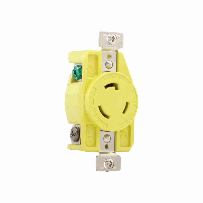 Eaton CRL520R corrosion resistant locking receptacle, #14-10 AWG, 20A, Industrial, 125V, Back and side wiring, Yellow, Single, Corrosion resistant, L5-20, Two-pole, Three-wire, Thermoplastic