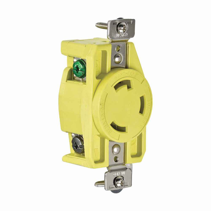 Eaton CRL530R corrosion resistant locking receptacle, #14-10 AWG, 30A, Industrial, 125V, Back and side wiring, Yellow, Single, Corrosion resistant, L5-30, Two-pole, Three-wire, Thermoplastic