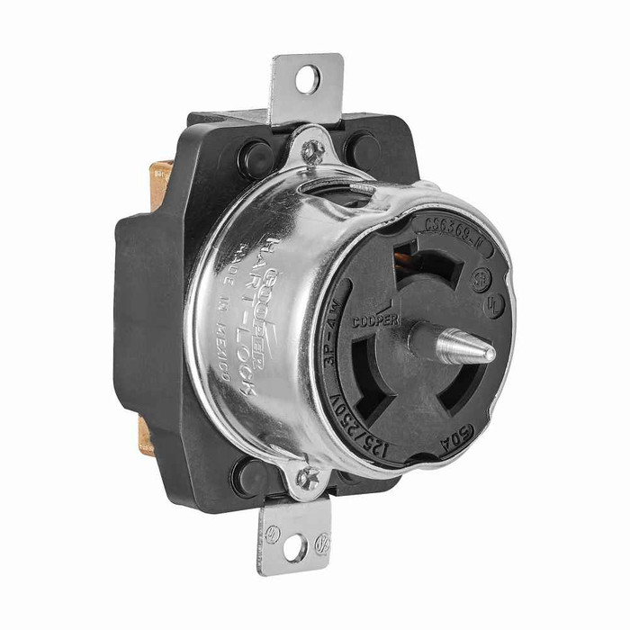 Eaton CS6369 locking receptacle, #10-6 AWG, 50A, Industrial, 125/250V, Back wiring, Black, Single, Non-NEMA, Three-pole, Four-wire, Steel, California standard