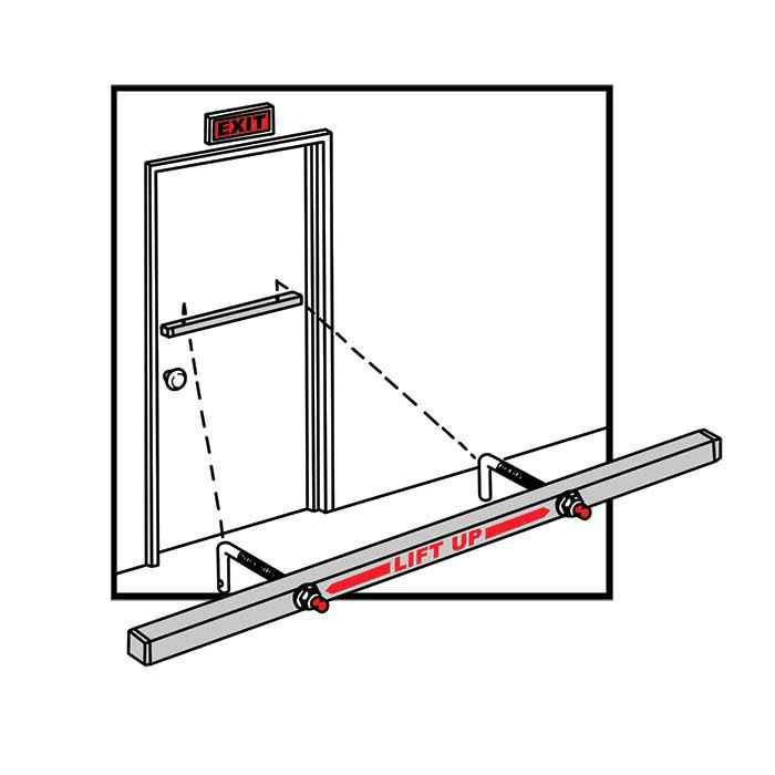 Exit Security Single Door Outswing Door Bar — installation diagram showing bar positioned across outswing door frame with lift-to-release mechanism