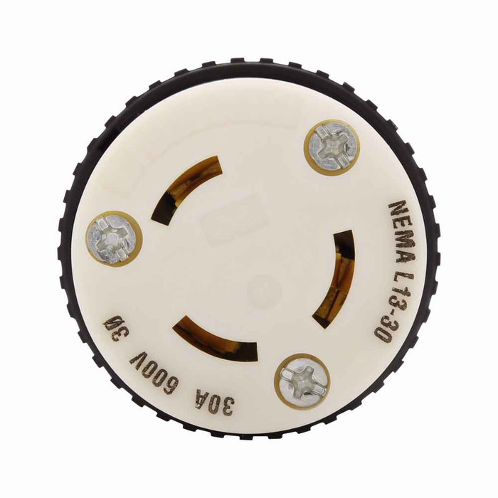Eaton CWL1330C auto grip locking connector, #18-8 AWG, 30A, Industrial, 600V, Back wiring, Black, white, Auto grip, L13-30, Three-pole, Three-wire, Nylon, 0.38 to 1 in, -40° to 60°C