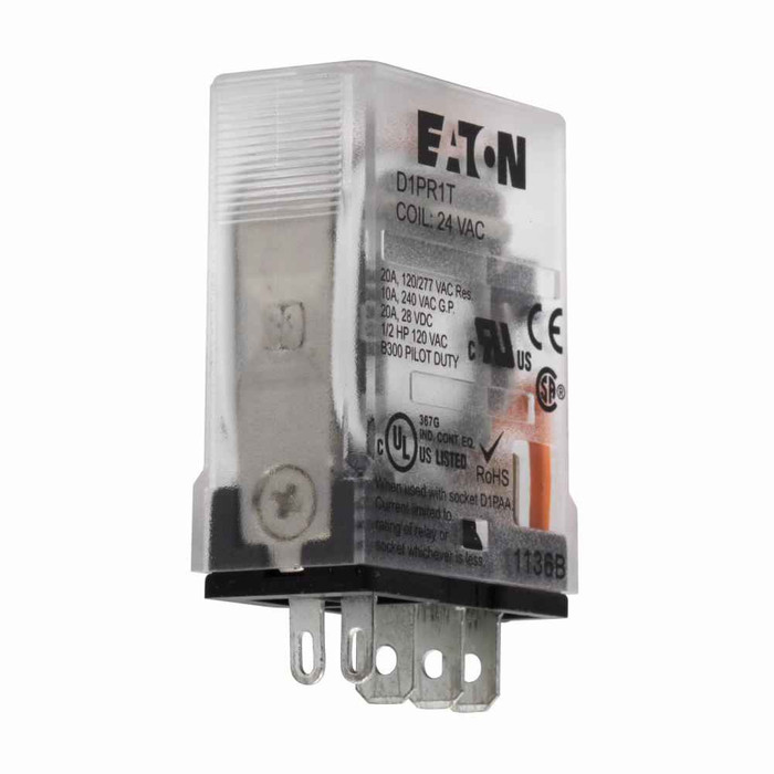 Eaton D1PR1R1 D1 Series General Purpose Plug-In Relay, Plain cover, 12 Vdc coil, 188 Ohms resistance, Plug-in terminal, SPDT contact configuration, 20A contact rating, Silver alloy contacts, IP40 enclosure