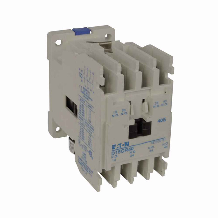 Eaton D15CR44T1B NEMA machine tool relay, D15 Series Freedom 600V Multi-pole Relay, Eight-pole, 24 Vdc coil voltage, 50 Hz, 4NO-4NC contact configuration, 5A rated operational current