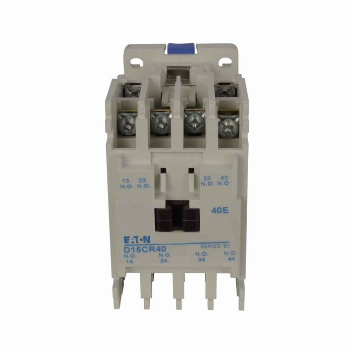 Eaton D15CR40LB D15 Series Freedom 600V Multi-pole Relay, Four-pole, 380V coil voltage, 50 Hz, 4NO contact configuration, 15A make, 1.5A break contact rating, 10A rated operational current