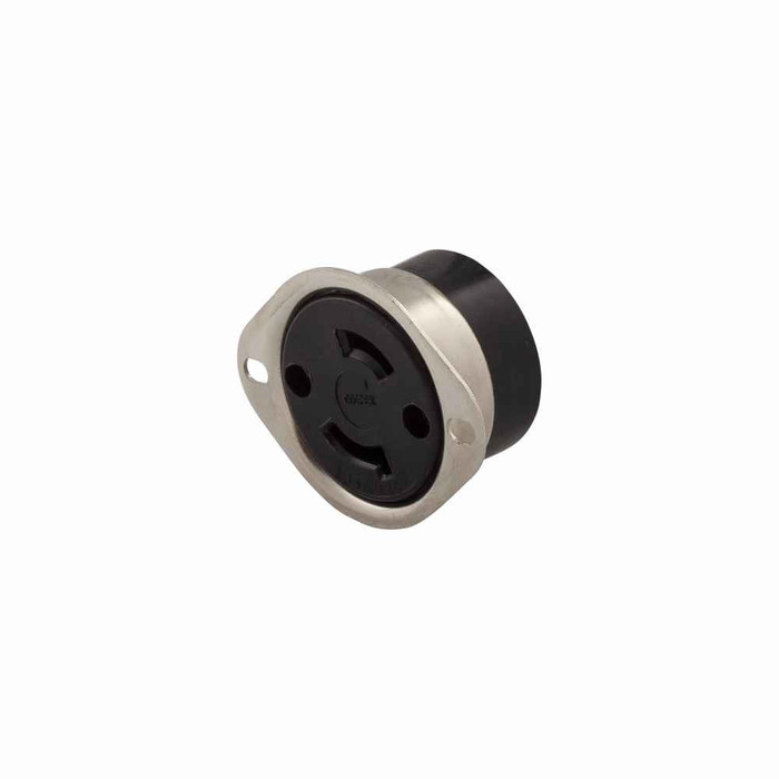 Eaton CWL115FO safety grip locking flanged outlet , #14-8 AWG, 15A, Industrial, 125V, Side wiring, Black, white, L1-15, Two-pole, Two-wire, Plated brass, -40° to 105°C