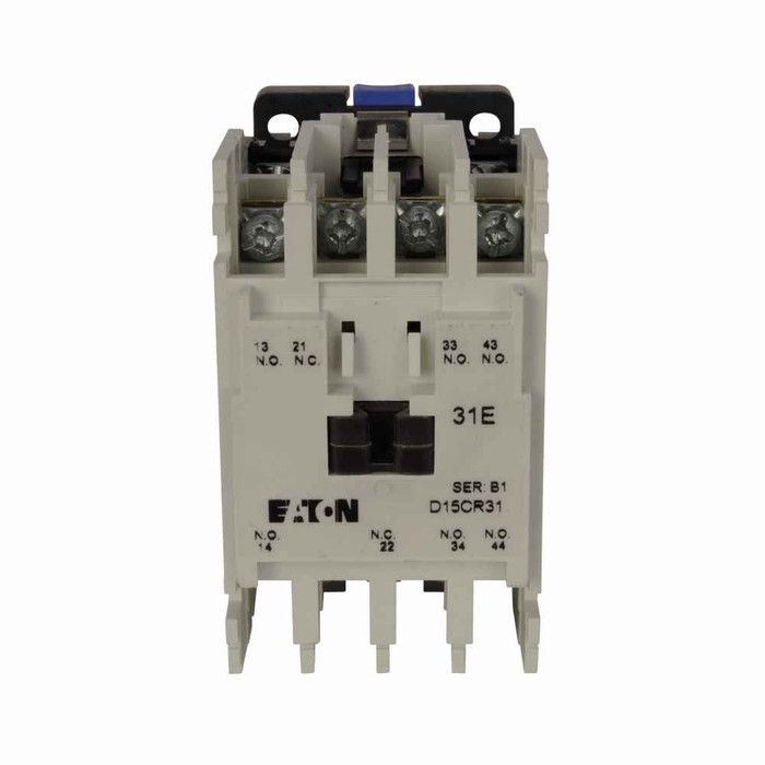 Eaton D15CR31DB76 D15 Series Freedom 600V Multi-pole Relay, Four-pole, 550/600V coil voltage, 50/60 Hz, 3NO-1NC contact configuration, 12A make, 1.2A break contact rating, 10A rated operational current