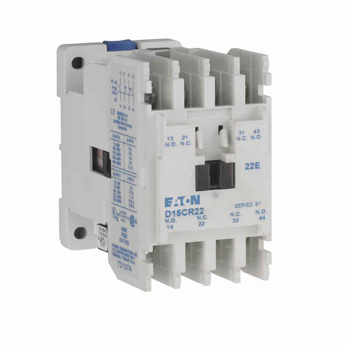Eaton D15CR22KB D15 Series Freedom 600V Multi-pole Relay, Four-pole, 240V-coil voltage, 50 Hz, 2NO-2NC contact configuration, 30A make, 3A break contact rating, 10A rated operational current