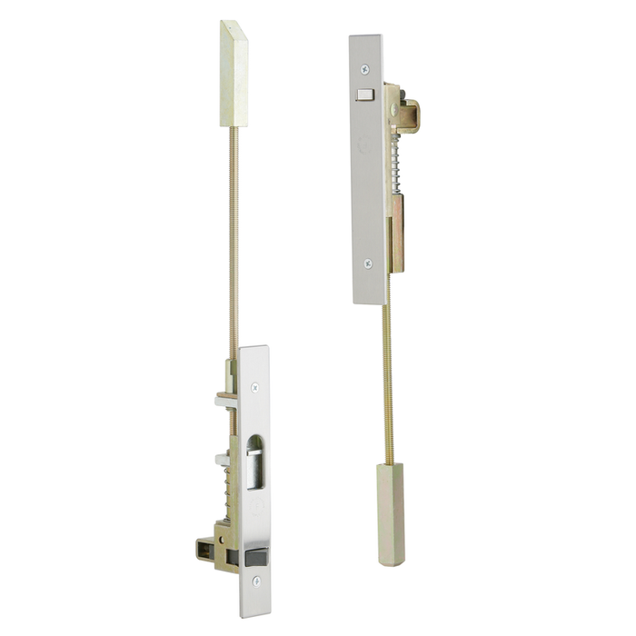 Ives FB51P Constant Latching Flush Bolt Pair for Metal Doors, 12" Rod, 630 Satin Stainless Steel - top and bottom bolts shown with rods extended