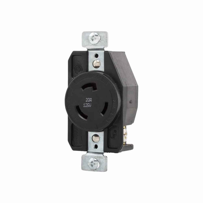 Eaton CWL520R-BU locking receptacle, Bulk pack, #14-8 AWG, 20A, Industrial, 125V, Back and side wiring, Black, Single, L5-20, Two-pole, Three-wire, Glass-filled nylon, -40° to 115°C
