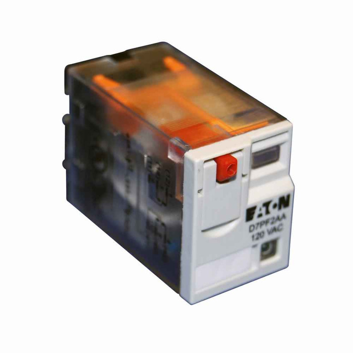 Eaton D7PF2AB D7 Series General Purpose Plug-In Relay, Full featured cover, 220/240V coil, 15,720 Ohms resistance, Plug-in terminal, DPDT contact configuration, 15A contact rating, Silver alloy contacts, IP40 enclosure