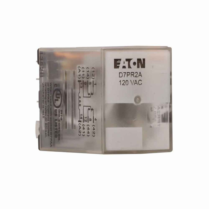 Eaton D7PR2A D7 Series General Purpose Plug-In Relay, Plain cover, 120V coil, 4430 Ohms resistance, Plug-in terminal, DPDT contact configuration, 15A contact rating, Silver alloy contacts, IP40 enclosure