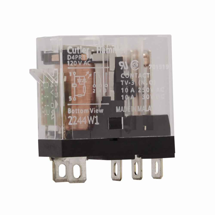 Eaton D4PR21A1 D4 Series General Purpose Plug-In Relay, QTY: 1, 110 Vdc coil, DPDT contact configuration, 5A, 240 Vac/30 Vdc resistive load, 2A, 250 Vac/3A, 30 Vdc inductive full load, 5A amperage rating, 380 Vac/125 Vdc max. operating voltage