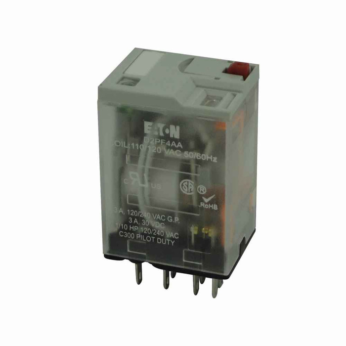 Eaton D2PF4AB General Purpose Plug-In Relay, D2PF, Full-featured relay, Test button, 240 Vac, 4PDT, LED indicating light, Flag indicator, lock-down door, finger-grip cover, I.D. tag, Flange mounting