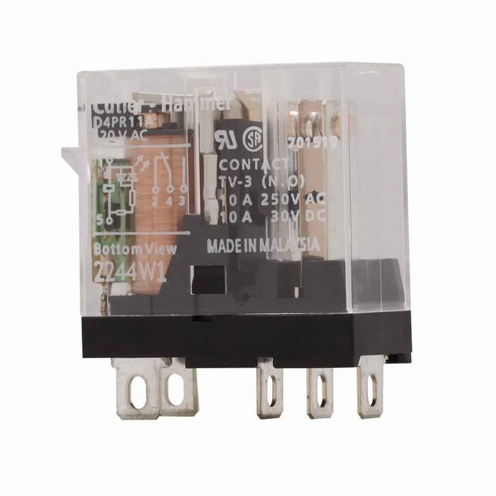 Eaton D4PR21T1 General-purpose relay, D4 Series, QTY: 1, 24 Vdc coil, 5 A, 240 Vac/30 Vdc resistive load, DPDT contact configuration, 2 A, 250 Vac/3 A, 30 Vdc inductive full load, 380 Vac/125 Vdc max. operating voltage