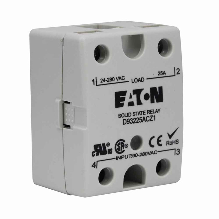 Eaton D93210ACZ1 D93 Series Solid-State Relay, 90-280V input voltage, 24-280V output voltage, Zero cross switching type, 10A rated operational current, Green LED, SPST-NO contact configuration, IP20 enclosure
