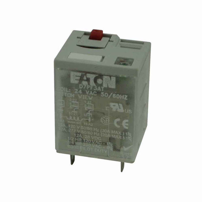 Eaton D7PF3AT1 D7 Series General Purpose Plug-In Relay, Full featured cover, 24 Vdc coil, 400 Ohms resistance, Plug-in terminal, 3PDT contact configuration, 15A contact rating, Silver alloy contacts, IP40 enclosure_