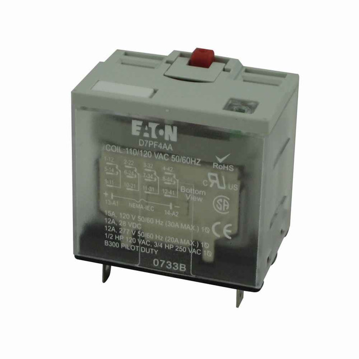 Eaton D7PF4AA1 D7 Series General Purpose Plug-In Relay, Full featured cover, 110/125 Vdc coil, 7340 Ohms resistance, Plug-in terminal, 4PDT contact configuration, 15A contact rating, Silver alloy contacts, IP40 enclosure