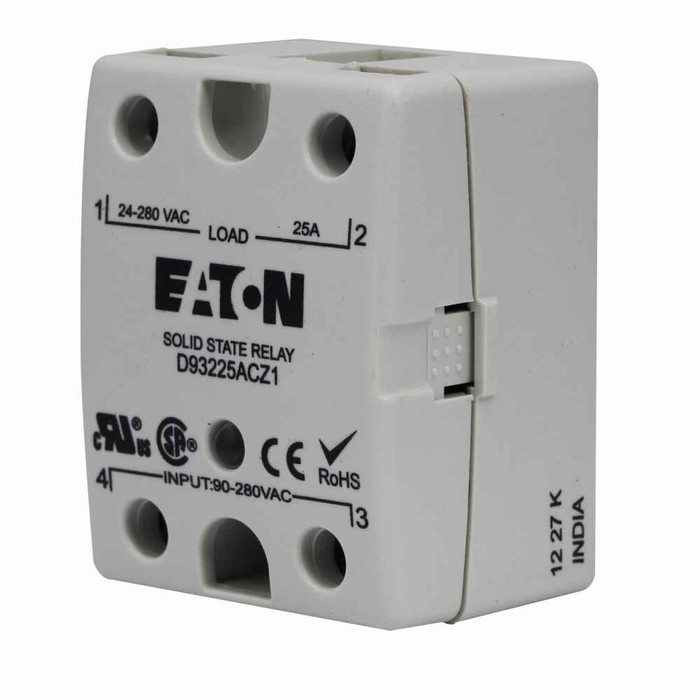 Eaton D93225ACZ2 D93 Series Solid-State Relay, 3-32 Vdc input voltage, 24-280V output voltage, Zero cross switching type, 25A rated operational current, Green LED, SPST-NO contact configuration, IP20 enclosure
