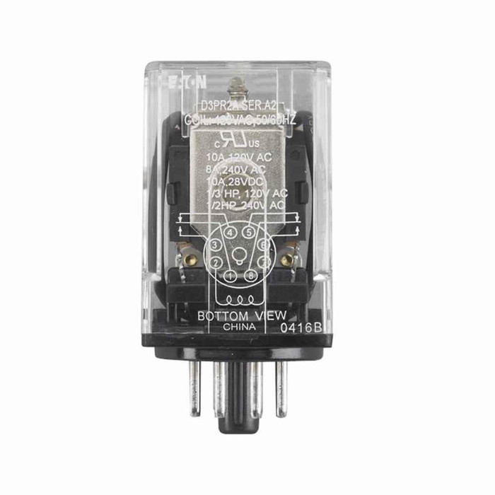 Eaton D3PR3R General-purpose relay, D3 Series General Purpose Plug-In Relay, Plain cover, 11 pins, 18 Ohms resistance, Octal terminal, 3PDT contact configuration, 16A contact rating, Silver alloy contacts, IP40 enclosure
