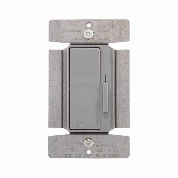 Eaton DF8AP7-GY decorator dimmer, Preset feature, #14 - 12 AWG, 8.3A, 277V, Bck and sd wiring, Slide actuator, Wire lead connect, Gray, 60 Hz, Mark 10 FLR, 1-pole, 3-way, Polycarb housing, 1000W 718786