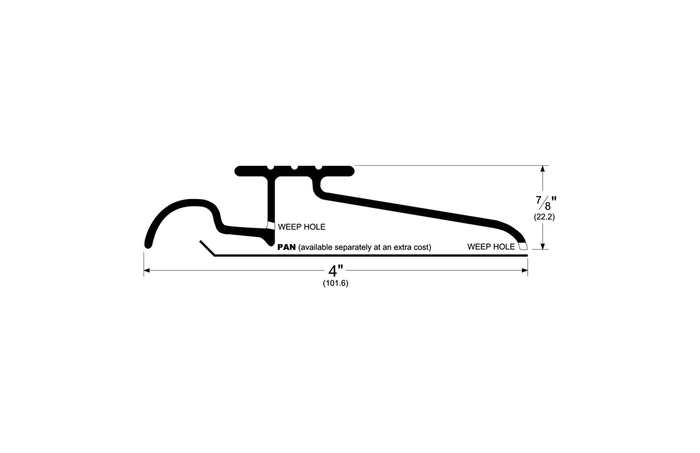 Pemko 145 Series threshold cross-section drawing showing 4" (101.6 mm) width, 7/8" (22.2 mm) height, weep hole locations, and optional pan callout