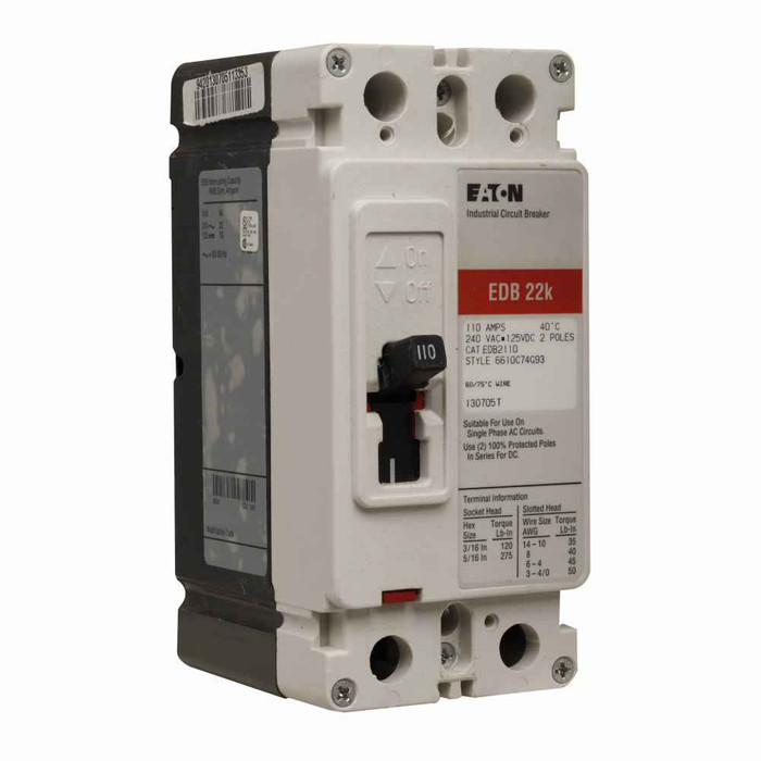 Eaton EDB2175 Series C complete molded case circuit breaker, F-frame, ED, Complete breaker, Fixed thermal, fixed magnetic trip type, Two-pole, 175A, 240 Vac, 125 Vdc, 22 kAIC at 240 Vac, Load side, 50/60 Hz