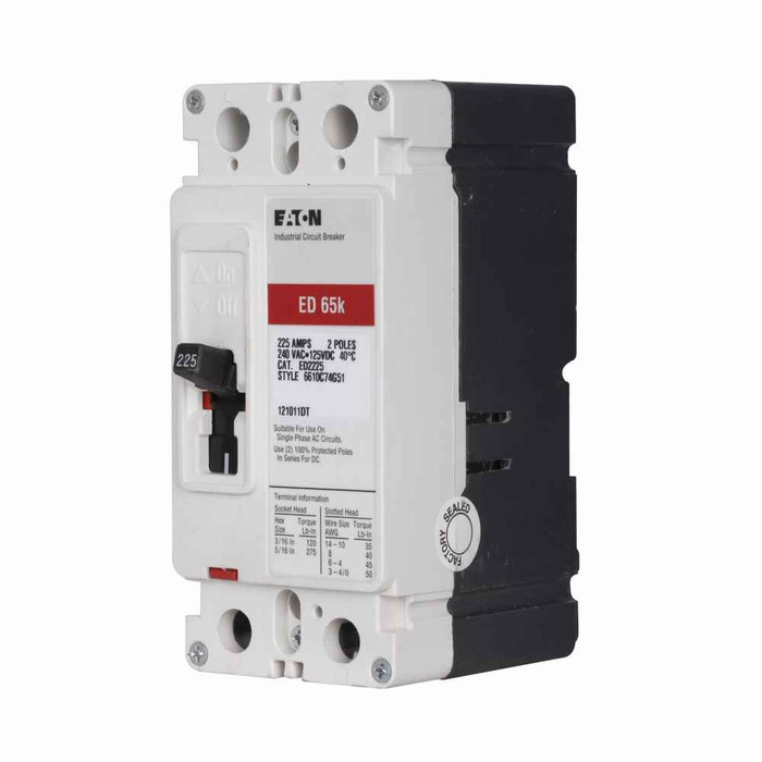 Eaton ED2100S18 Series C complete molded case circuit breaker, F-frame, ED, Fixed thermal, fixed magnetic trip, Two-pole, 100A, 240 Vac, 125 Vdc, 65 kAIC at 240 Vac, Load side, 12-24 Vac/dc rear with right pigtail, 50/60 Hz