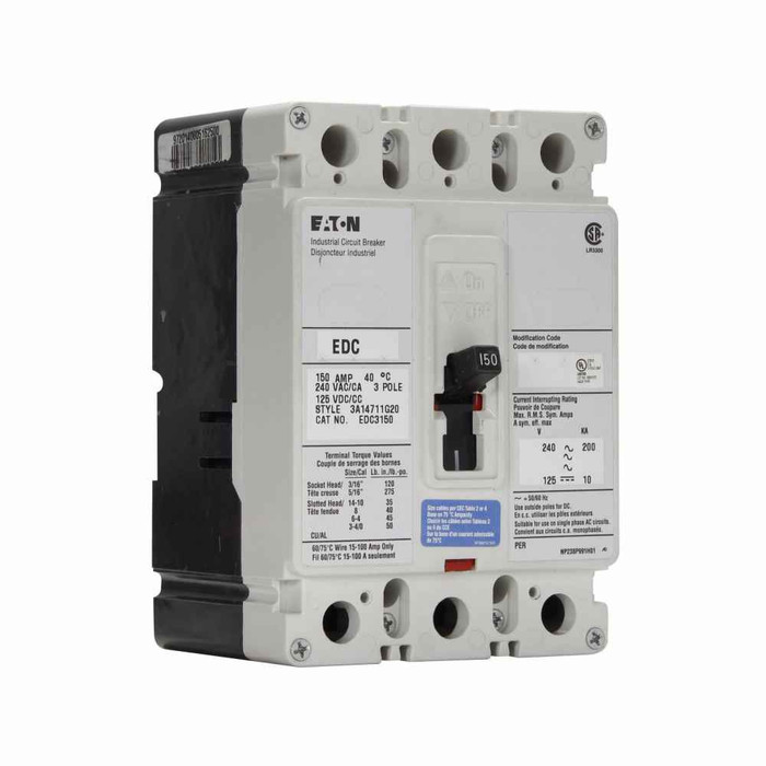 Eaton EDC3100L Series C complete molded case circuit breaker, F-frame, ED, Complete breaker, Fixed thermal, fixed magnetic trip type, Three-pole, 100A, 240 Vac, 125 Vdc, 200 kAIC at 240 Vac, Line and load, 50/60 Hz