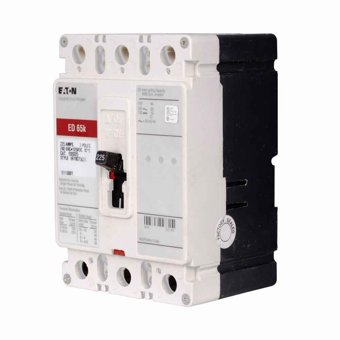 Eaton ED3100V Series C complete molded case circuit breaker, F-frame, ED, Complete breaker, Fixed thermal, fixed magnetic trip type, Three-pole, 100A, 240 Vac, 125 Vdc, 65 kAIC at 240 Vac, Load side, 50°C, 50/60 Hz