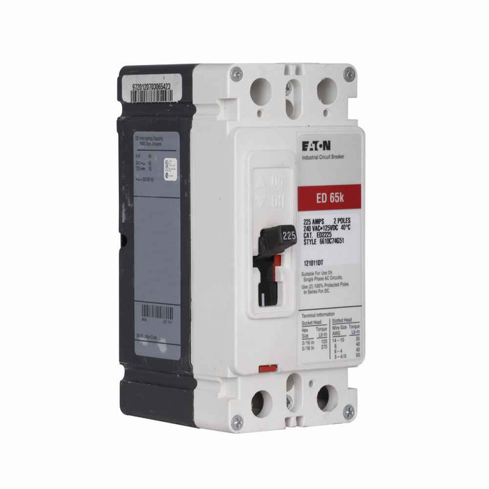 Eaton ED2100 Series C complete molded case circuit breaker, F-frame, ED, Complete breaker, Fixed thermal, fixed magnetic trip type, Two-pole, 100A, 240 Vac, 125 Vdc, 65 kAIC at 240 Vac, Load side, 50/60 Hz