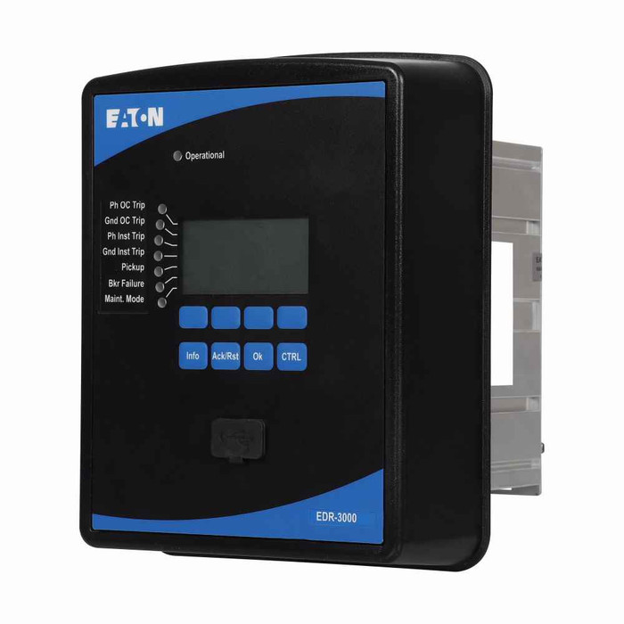 Eaton EDR-3000C1BA0 distribution relay, EDR-3000, Distribution relay, Modbus-RTU (RS-485), 5A, 40-250 Vac, 19-300 Vdc, 5A/1A, 4, 4, Removable, IRIG-B, Standard mount, Zone interlocking