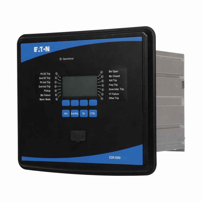 Eaton EDR-5000-2A0GB1 Eaton, distribution relay, EDR-5000, Distribution relay, Modbus RTU or DNP3 RTU over D-SUB / RS485, 5A, 1A, 40-250 Vac, 19-300 Vdc, 8, 11,Feeder,1 0, 1, D-Sub / RS-485,19-300Vdc, 40-250Vac, 50/60 Hz, Projection,