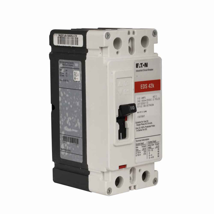 Eaton EDS2225 Series C complete molded case circuit breaker, F-frame, ED, Complete breaker, Fixed thermal, fixed magnetic trip type, Two-pole, 225A, 240 Vac, 125 Vdc, 42 kAIC at 240 Vac, Load side, 50/60 Hz