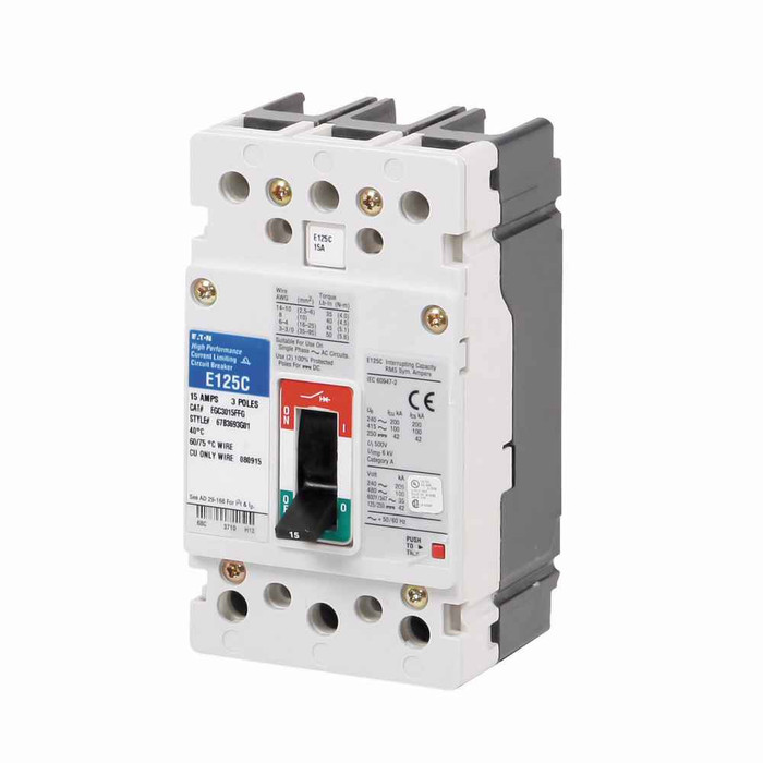 Eaton EGB3050FFGA1 Series G molded case circuit breaker, EG-frame, EG, Fixed thermal, fixed magnetic trip, Three-pole, 50A, 600Y/347 Vac, 25 kAIC at 240 Vac, 18 kAIC at 480 Vac, Line and load, 1A-1B with right pigtail, 50/60 Hz