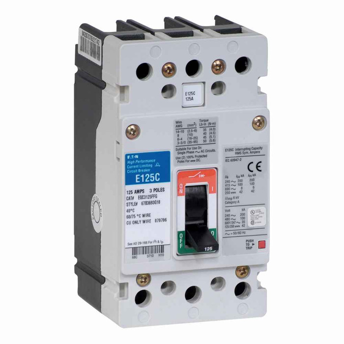 Eaton EGC3125FFG Series G molded case circuit breaker, EG-frame, EG, Fixed thermal, fixed magnetic trip, Three-pole, 125A, 600Y/347 Vac, 200 kAIC at 240 Vac, 100 kAIC at 480 Vac, 35 kAIC at 600Y/347 Vac, Line and load, Metric, 50/60 Hz