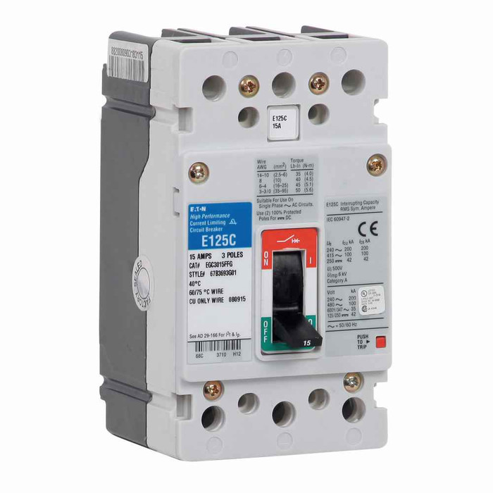 Eaton EGE3110FFGV Series G molded case circuit breaker, EG-frame, EG, Fixed thermal, fixed magnetic trip, Three-pole, 110A, 600Y/347 Vac, 35 kAIC at 240 Vac, 25 kAIC at 480 Vac, 18 kAIC at 600Y/347 Vac, Line and load, Metric, 50°C, 50/60 Hz