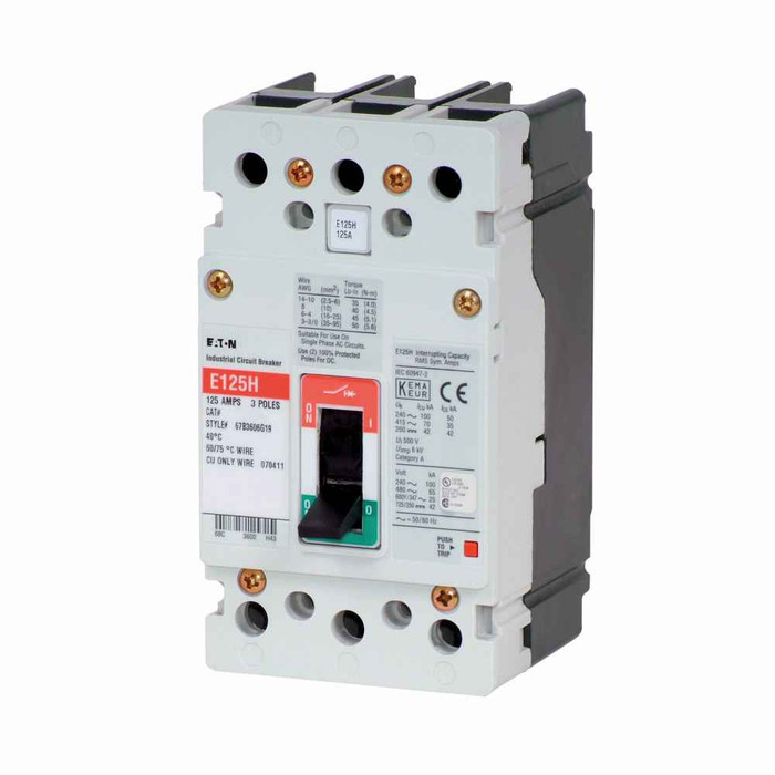 Eaton EGH3060FFB Series G molded case circuit breaker, EG-frame, EG, Complete breaker, Fixed thermal, fixed magnetic trip, Three-pole, 60A, 600Y/347 Vac, 100 kAIC at 240 Vac, 65 kAIC at 480 Vac, 35 kAIC at 600Y/347 Vac, Bolt-on, 50/60 Hz