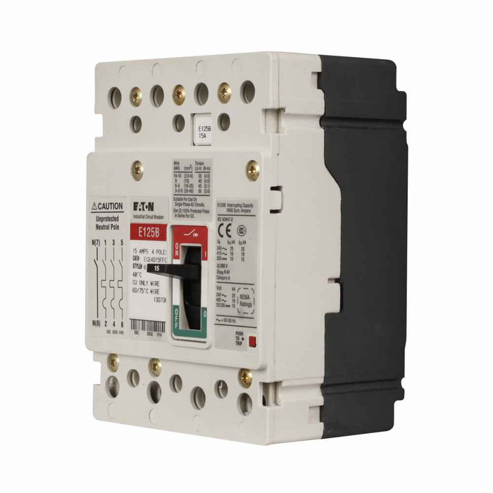 Eaton EGE4040FFG Series G molded case circuit breaker, EG-frame, EG, Fixed thermal, fixed magnetic trip, Four-pole, 40A, 600Y/347 Vac, 35 kAIC at 240 Vac, 25 kAIC at 480 Vac, 18 kAIC at 600Y/347 Vac, Line and load, 50/60 Hz