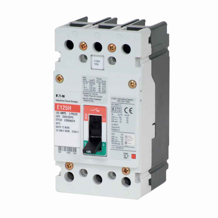 Eaton EGH3125FFG Series G molded case circuit breaker, EG-frame, EG, Fixed thermal, Fixed magnetic trip, Three-pole, 125 A, 600Y/347 Vac, 100 kAIC at 240 Vac, 65 kAIC at 480 Vac, 35 kAIC at 600Y/347 Vac, Line and load, Metric, 50/60 Hz