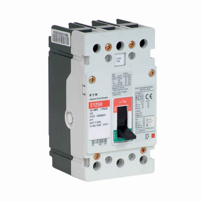 Eaton EGH3063FFG Series G molded case circuit breaker, EG-frame, EG, Fixed thermal, fixed magnetic trip, Three-pole, 63A, 600Y/347 Vac, 100 kAIC at 240 Vac, 65 kAIC at 480 Vac, 35 kAIC at 600Y/347 Vac, Line and load, Not UL rated, 50/60 Hz